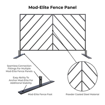Mod-Elite black fence panel made of powder-coated steel, featuring stable base and seamless connections.