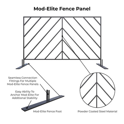 Mod-Elite black fence panel made of powder-coated steel, featuring stable base and seamless connections.