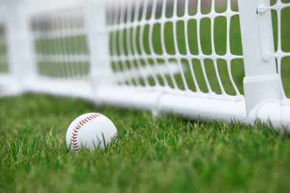 White baseball resting on green grass near a white net, perfect for outdoor sports activities.