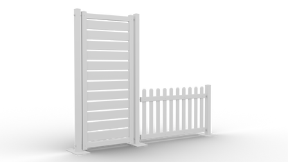 Modern white fence panel with matching picket gate, durable material, ideal for yard decoration and security.