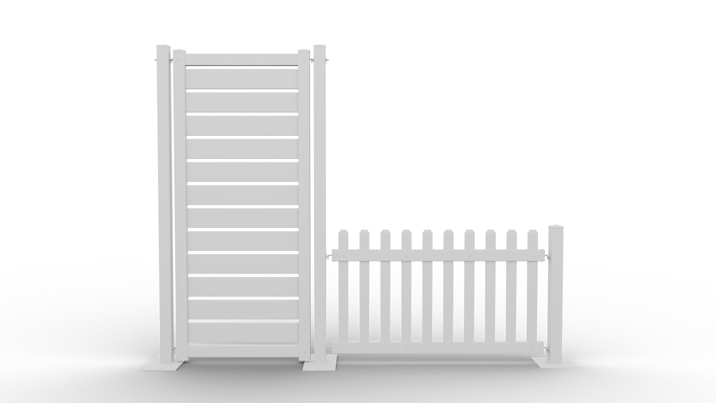 White wooden slat fence and gate set, perfect for yard or garden decoration.
