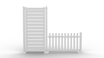 White wooden slat fence and gate set, perfect for yard or garden decoration.
